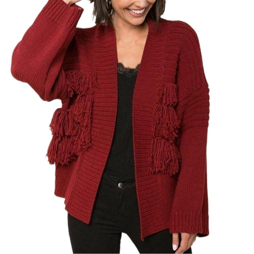 Raga Anthropologie Sloan Red Fringe Open Front Cardigan